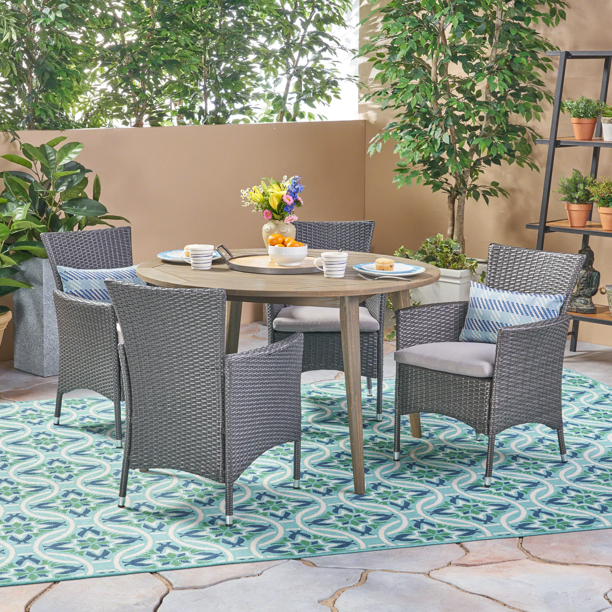 Outdoor 5 Piece Wood and Wicker Dining Set - NH162503 patio chairs, outdoor seating