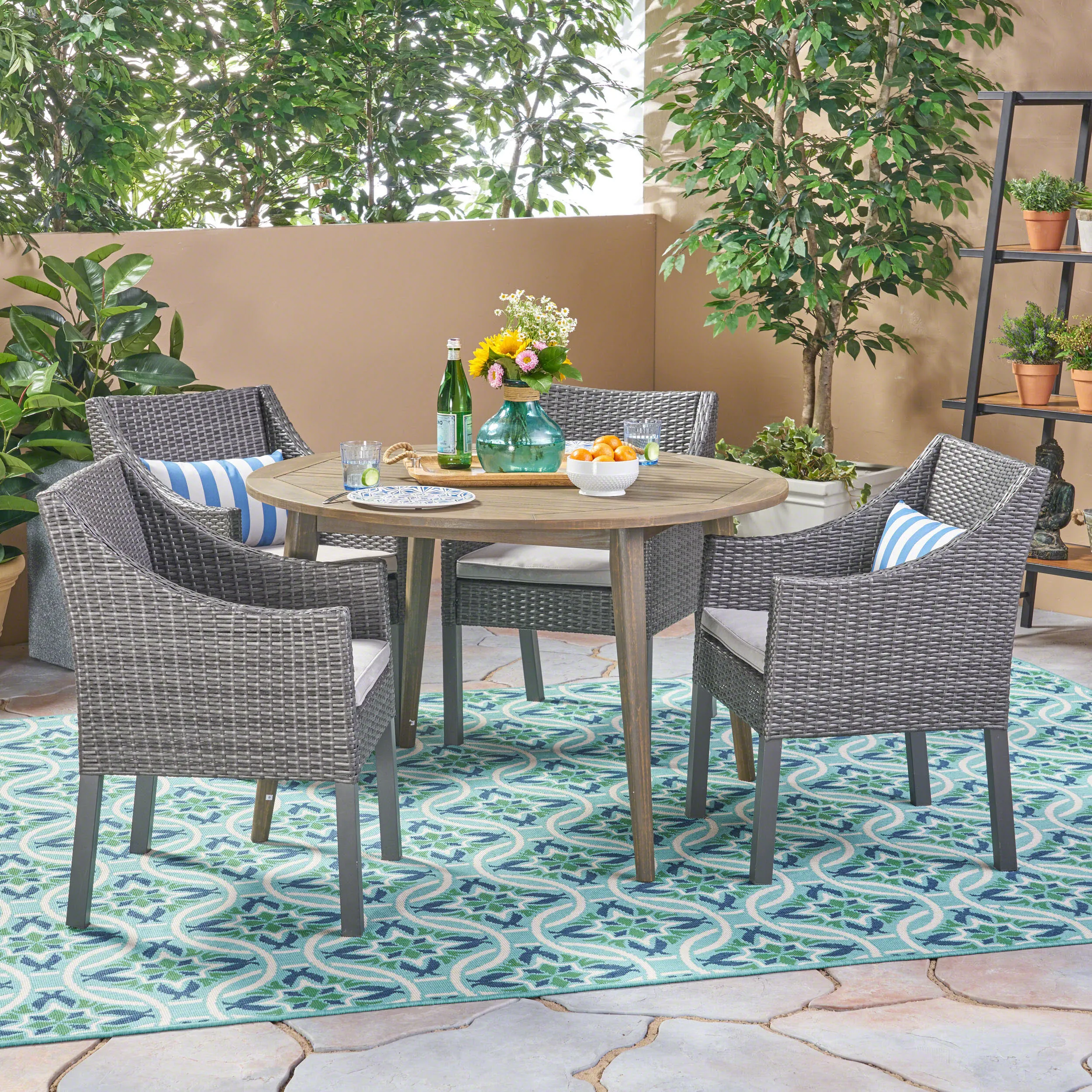 Outdoor 5 Piece Wood and Wicker Dining Set - NH262503 patio chairs, outdoor seating