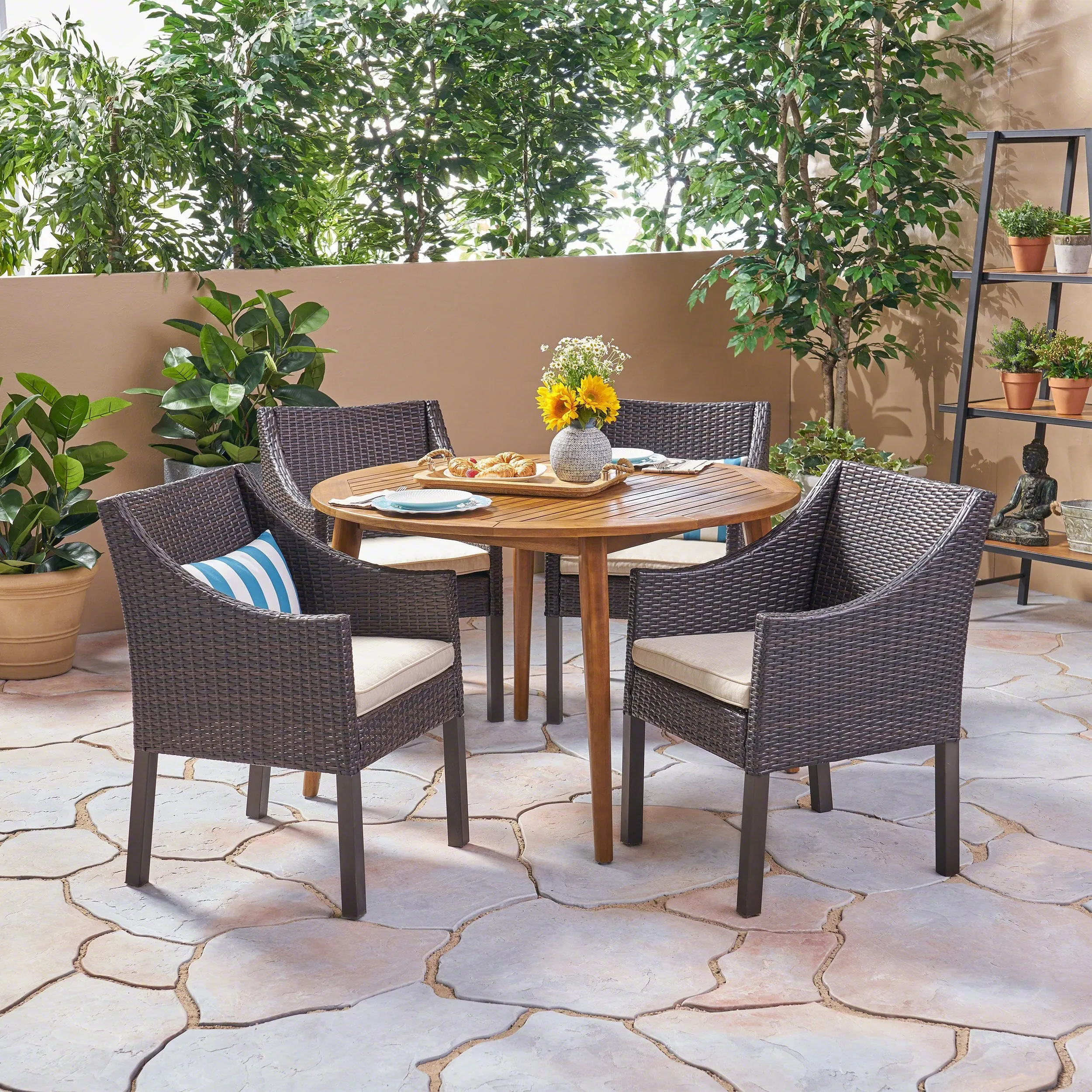 Outdoor 5 Piece Wood and Wicker Dining Set - NH262503