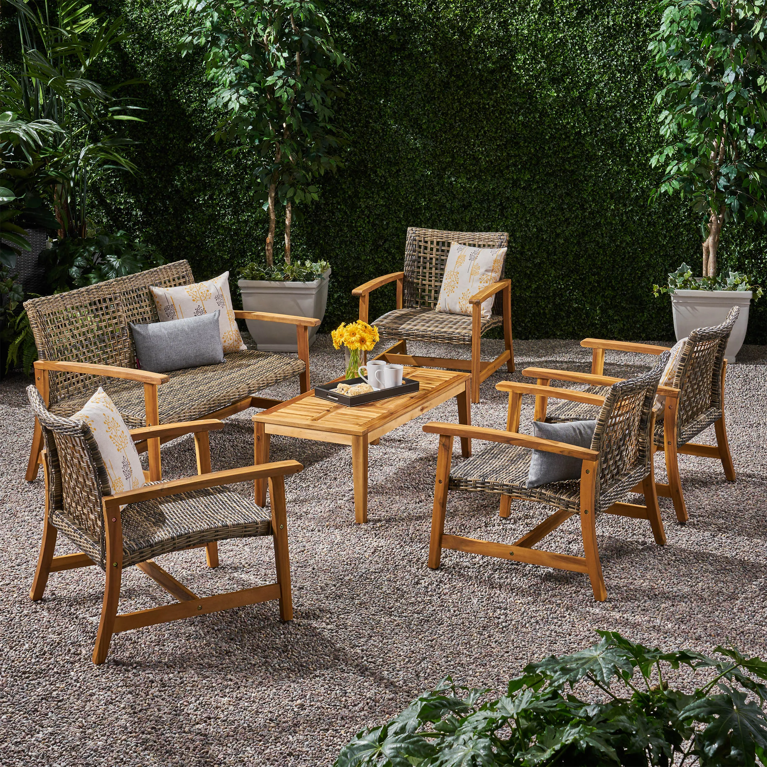 Outdoor 5 Piece Wood and Wicker Loveseat Chat Set - NH271803 patio chairs, outdoor seating