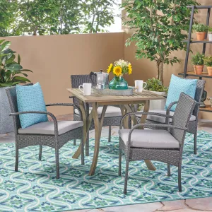 Outdoor 5 Piece Wood and Wicker Square Dining Set, Gray and Gray - NH122503 patio chairs, outdoor seating