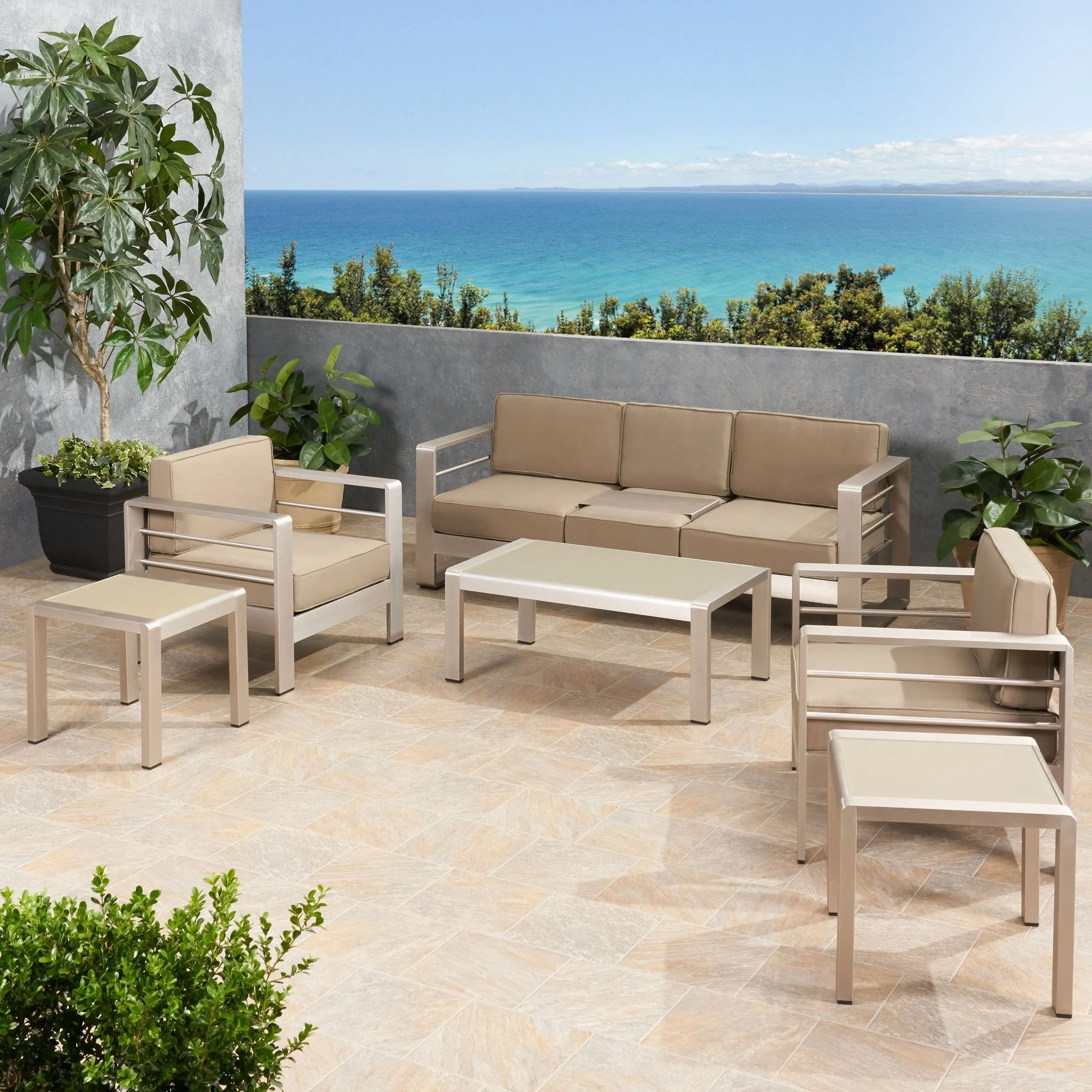 Outdoor 5 Seater Aluminum Sofa Chat Set with 2 Side Tables - NH175903 cushion cover, soft furnishing