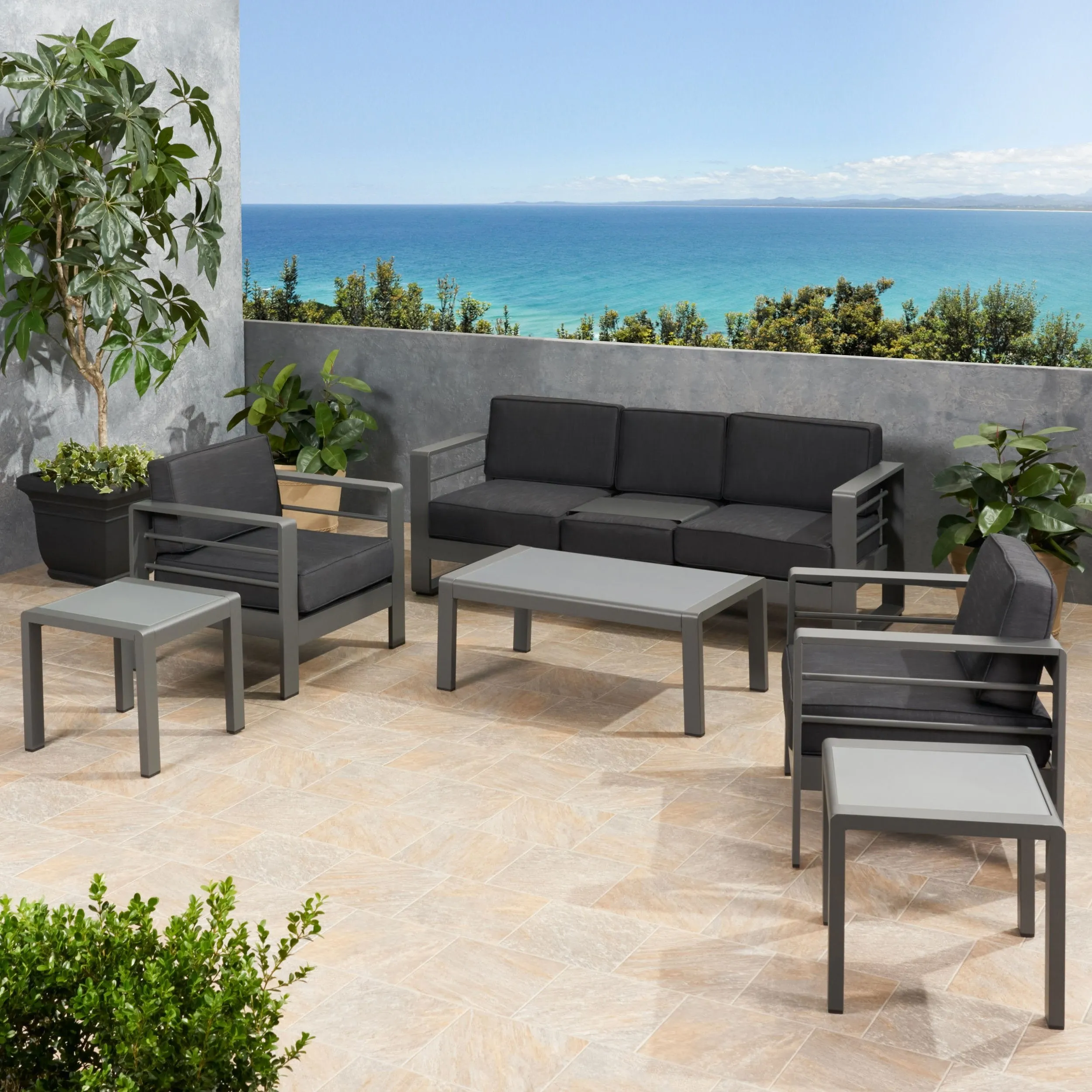 Outdoor 5 Seater Aluminum Sofa Chat Set with 2 Side Tables - NH175903