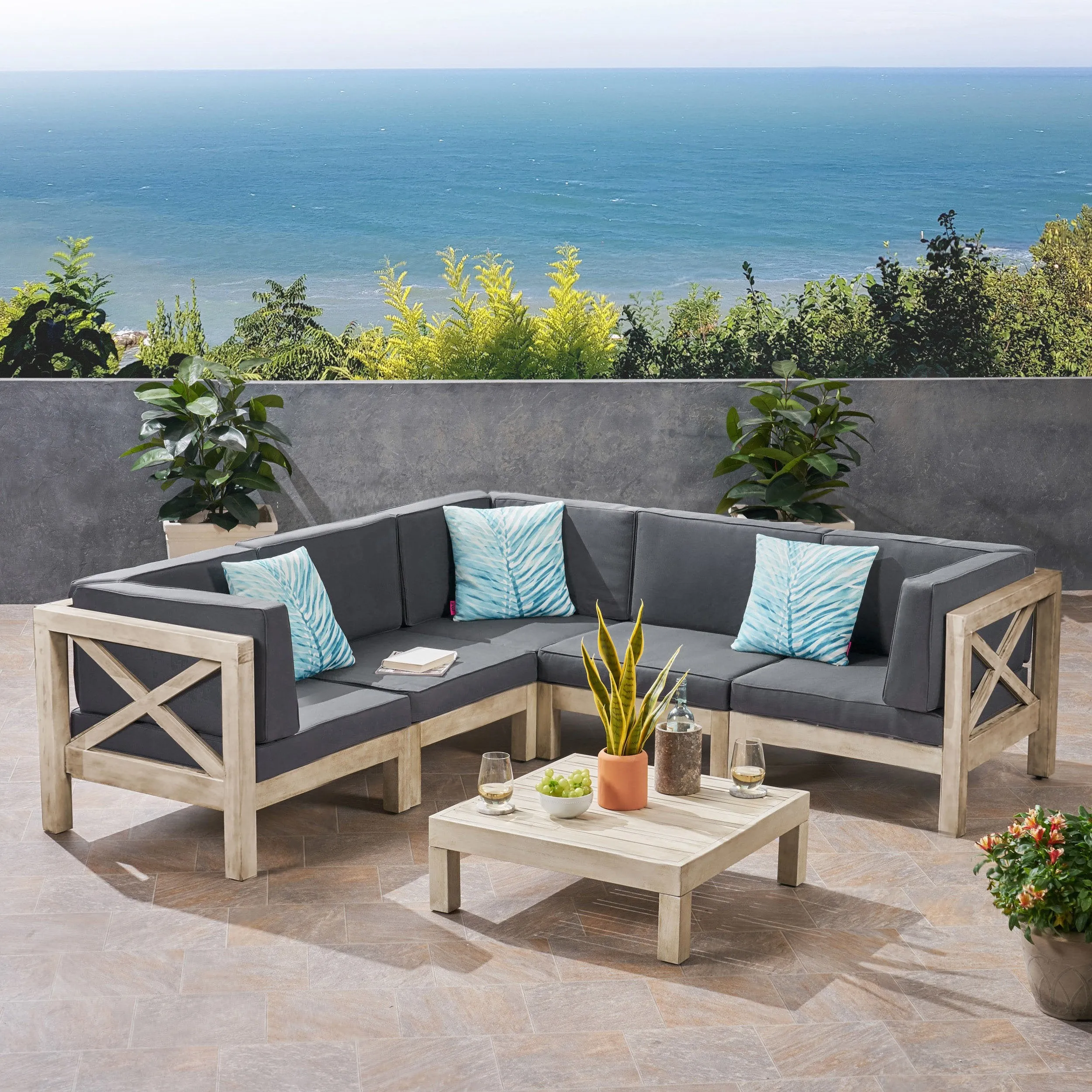 Outdoor 5-Seater Gray Acacia Wood Sectional Sofa Set with Coffee Table - NH717603 serving bowl, serving dish