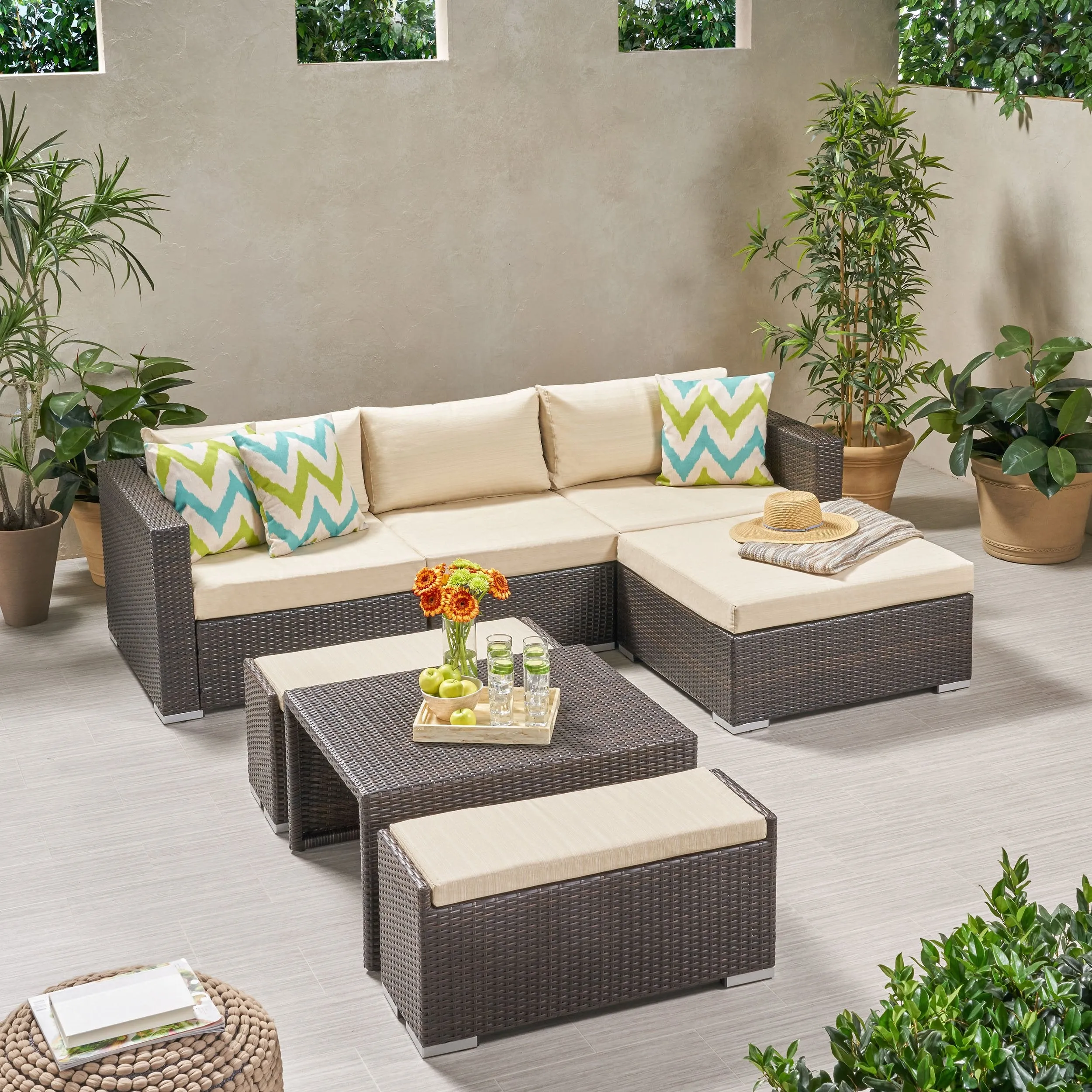 Outdoor 5 Seater L Shaped Wicker Sofa and Ottoman Set - NH759903 cushion cover, soft furnishing
