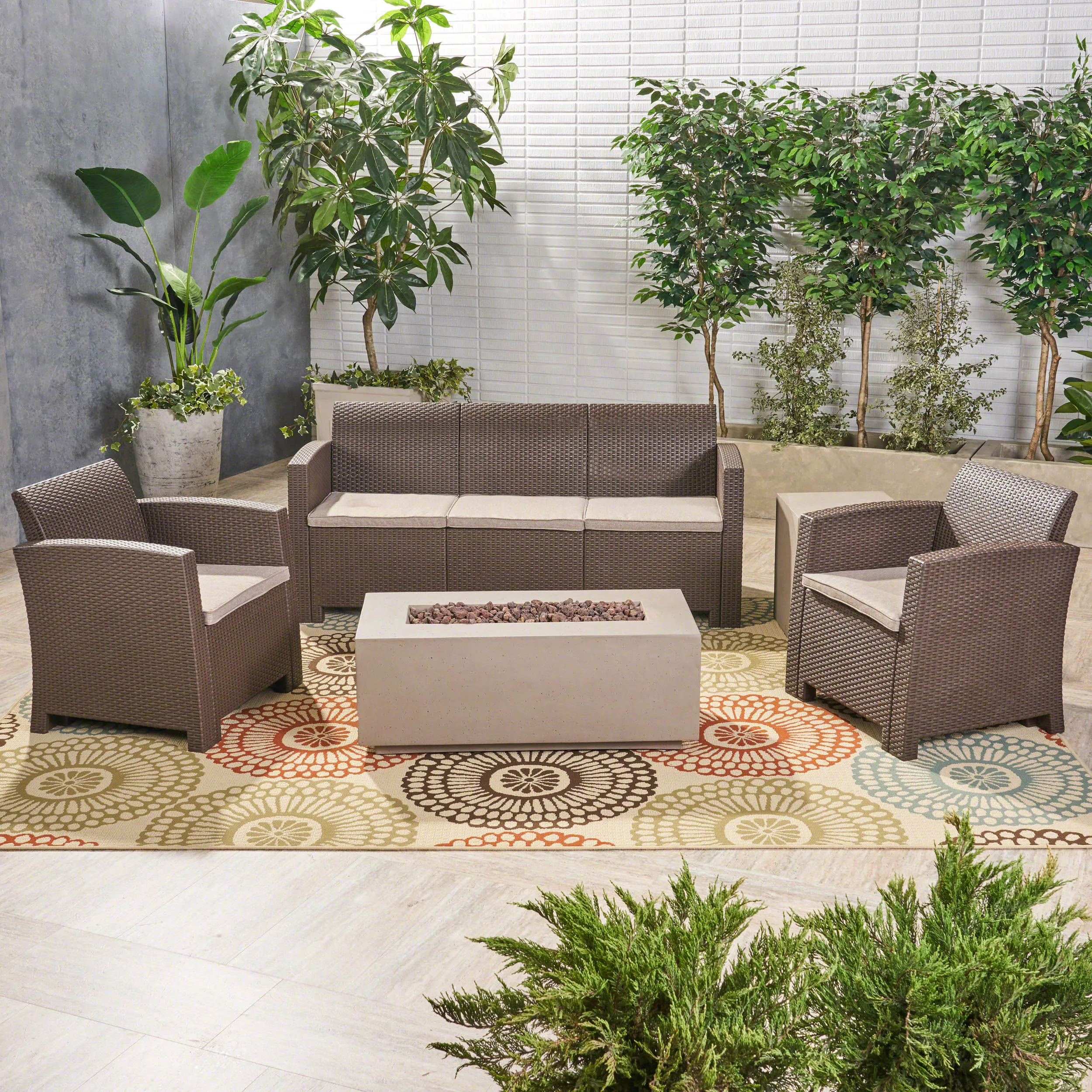 Outdoor 5-Seater Wicker Print Chat Set with Fire Pit and Tank Holder - NH023603