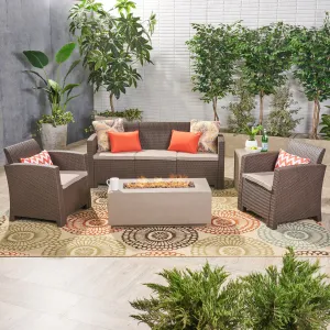 Outdoor 5-Seater Wicker Print Chat Set with Fire Pit and Tank Holder - NH023603 patio chairs, outdoor seating