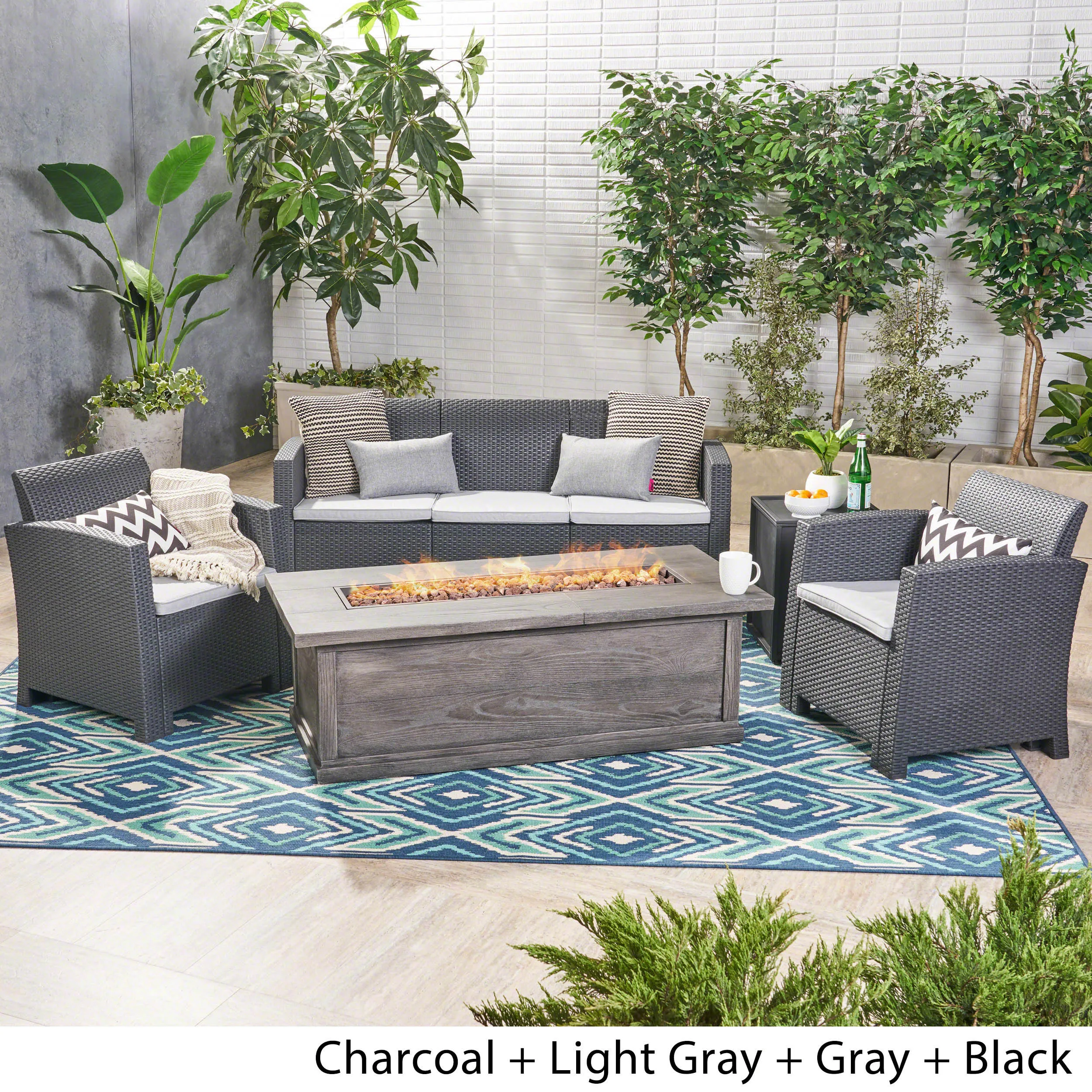 Outdoor 5-Seater Wicker Print Chat Set with Fire Pit and Tank Holder - NH133603