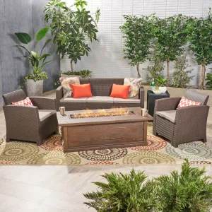 Outdoor 5-Seater Wicker Print Chat Set with Fire Pit and Tank Holder - NH913603 cushion cover, soft furnishing