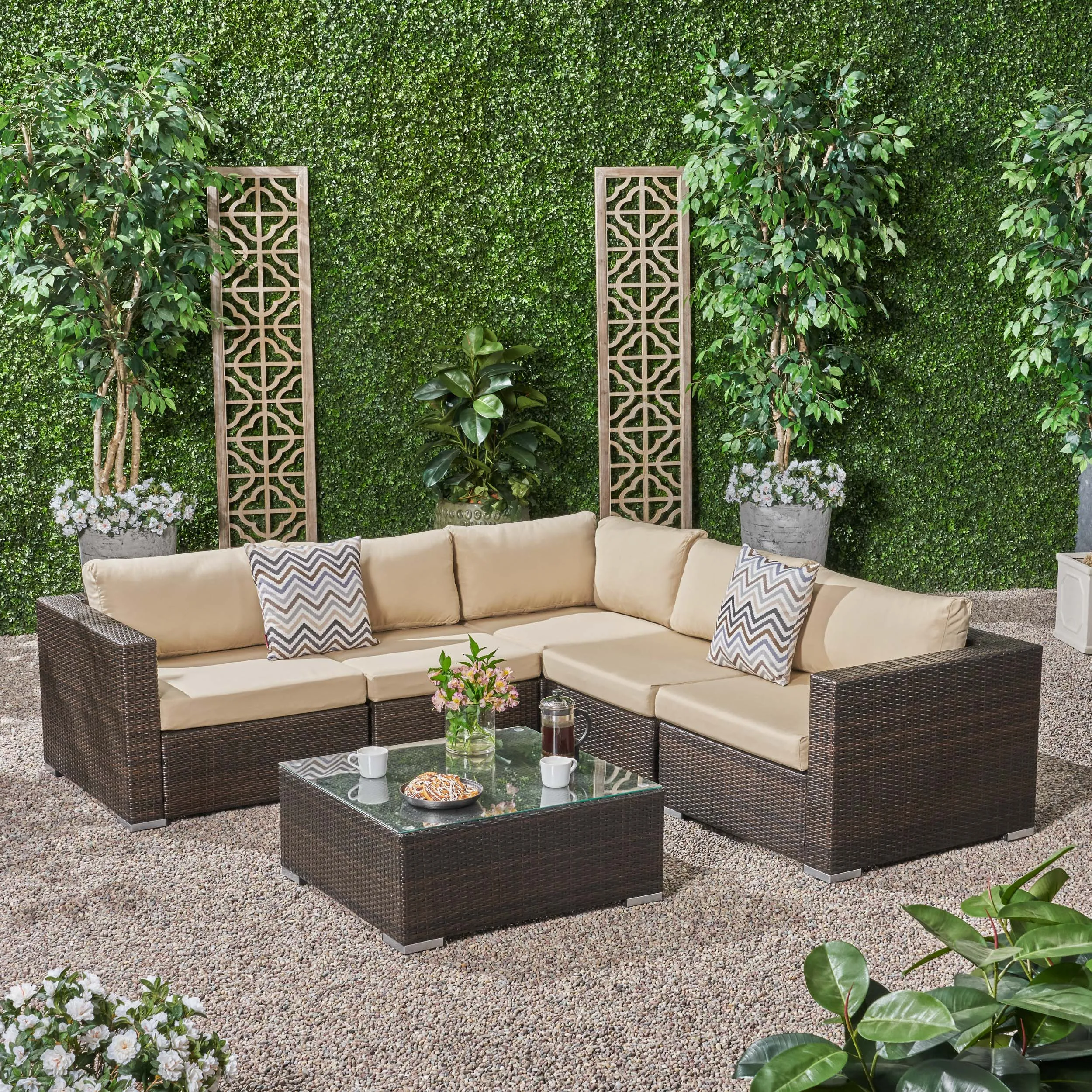 Outdoor 5 Seater Wicker Sectional Sofa Set with Sunbrella Cushions - NH894803 patio chairs, outdoor seating
