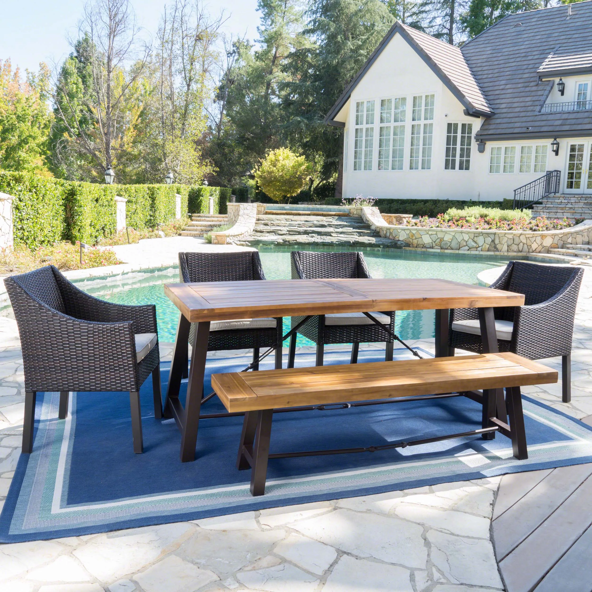 Outdoor 6 Piece Acacia Wood Dining Set with Wicker Dining Chairs - NH265203 patio chairs, outdoor seating