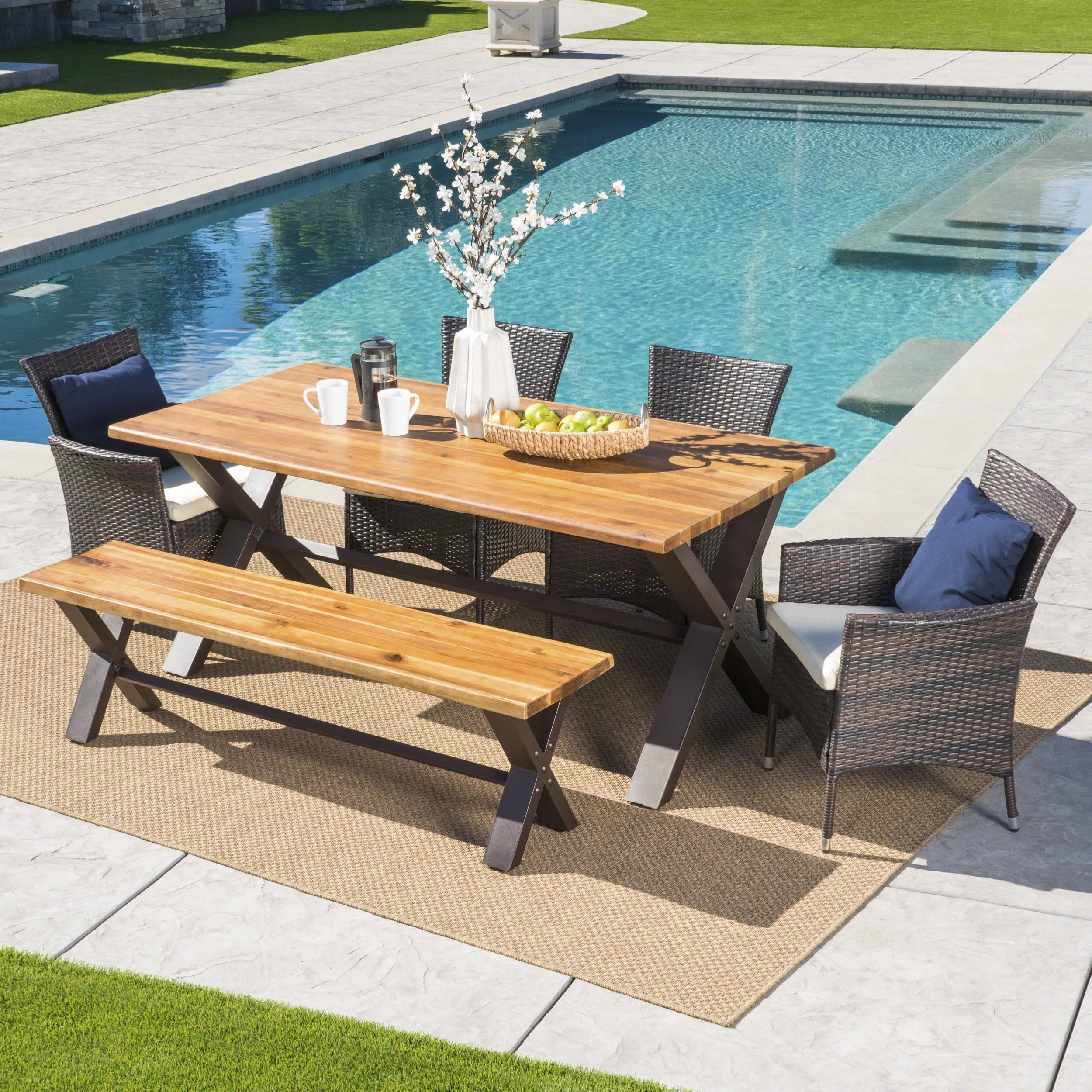 Outdoor 6 Piece Acacia Wood Dining Set with Wicker Dining Chairs - NH397203 patio chairs, outdoor seating