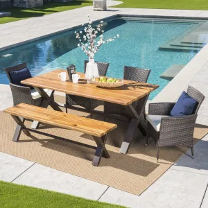 Outdoor 6 Piece Acacia Wood Dining Set with Wicker Dining Chairs - NH397203 patio chairs, outdoor seating