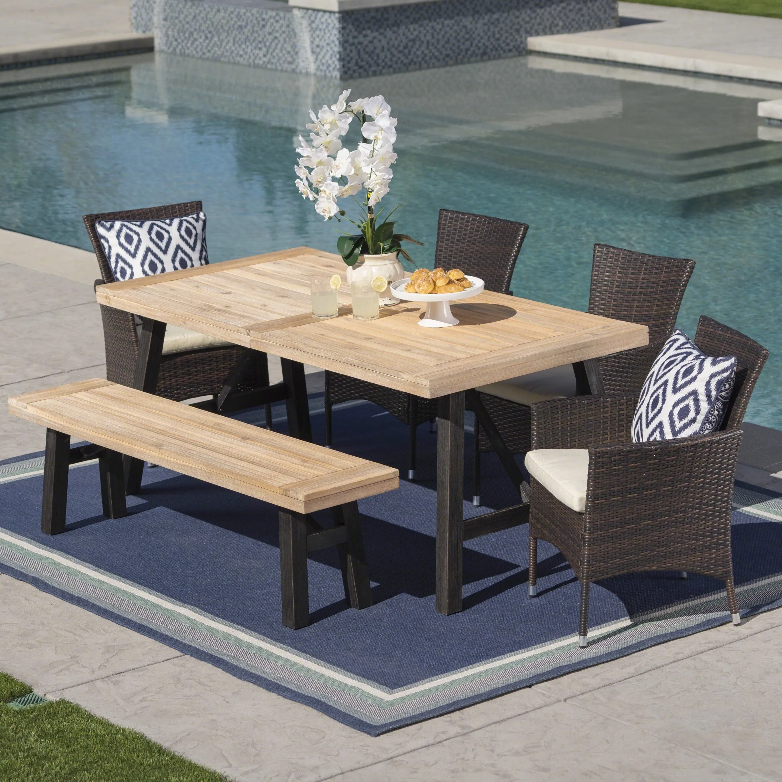 Outdoor 6 Piece Acacia Wood Dining Set with Wicker Dining Chairs - NH687203 patio chairs, outdoor seating