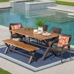Outdoor 6 Piece Acacia Wood Dining Set with Wicker Stacking Chairs - NH097203 patio chairs, outdoor seating