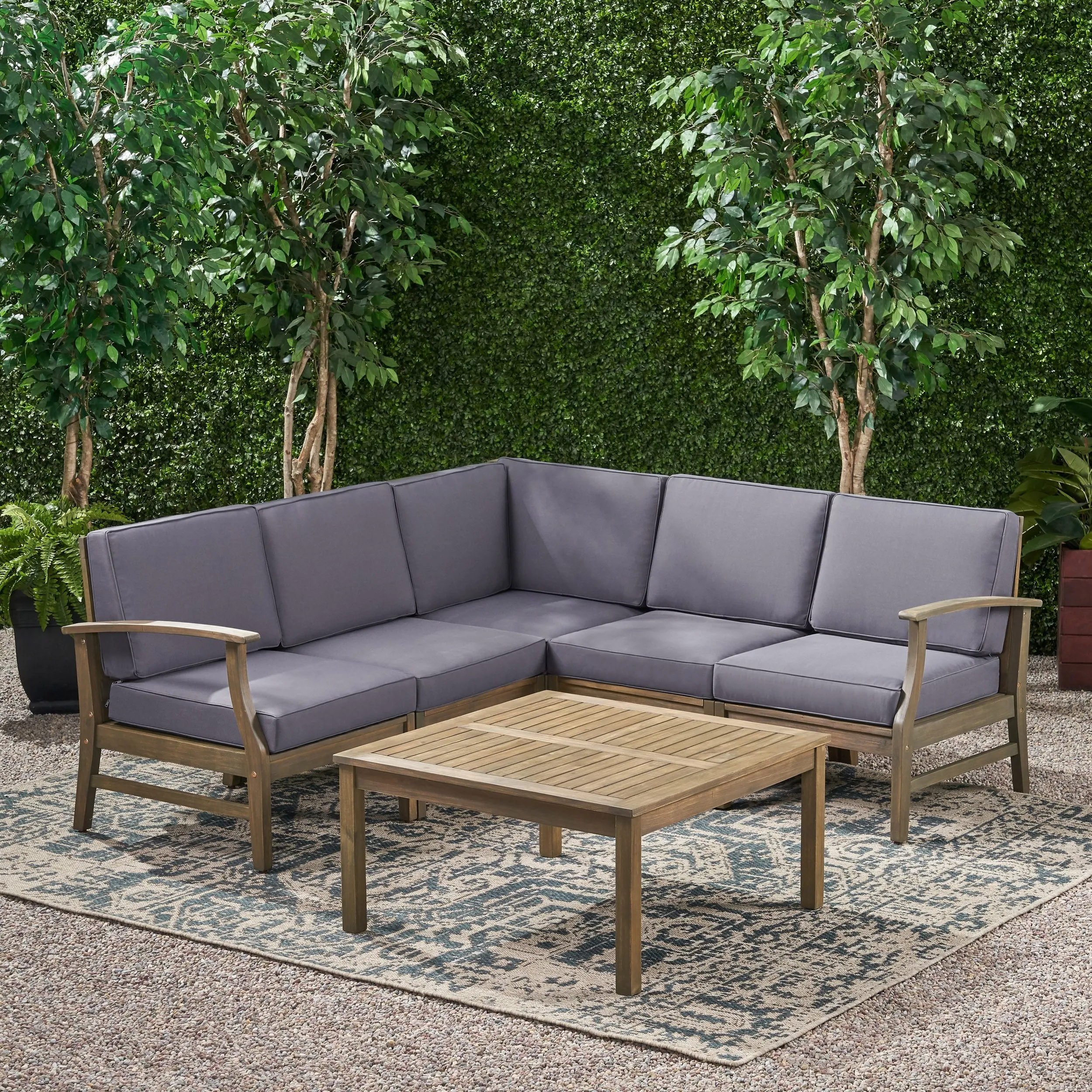 Outdoor 6 Piece Acacia Wood Sectional Sofa and Coffee Table Set - NH423803