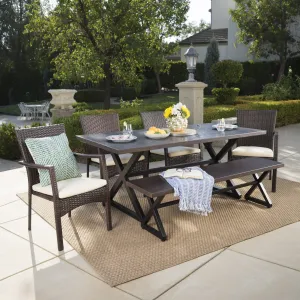 Outdoor 6 Piece Aluminum Dining Set with Bench and Wicker Dining Chairs - NH694203 patio chairs, outdoor seating