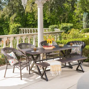 Outdoor 6 Piece Aluminum Dining Set with Bench and Wicker Stacking Chairs - NH194203 patio chairs, outdoor seating
