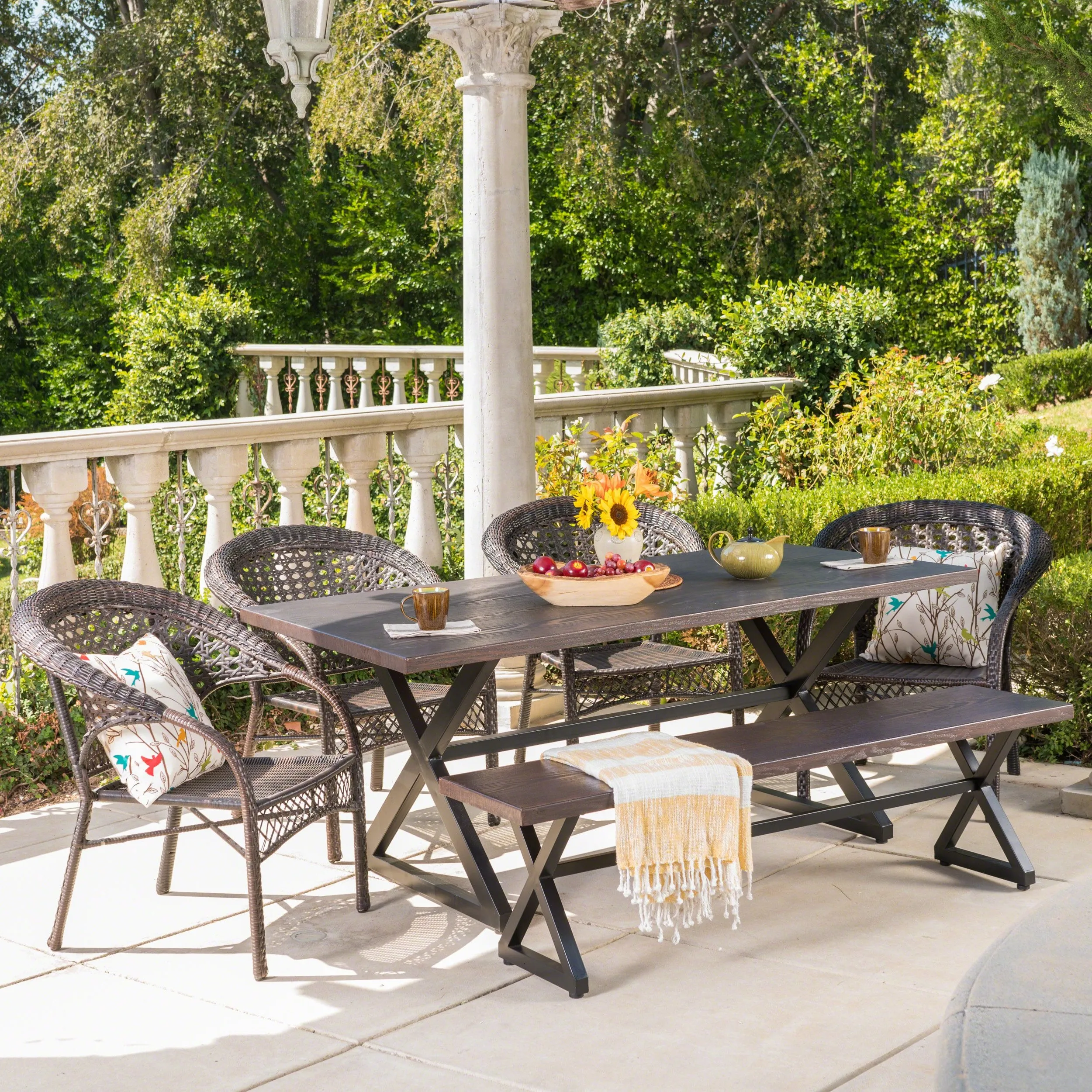 Outdoor 6 Piece Aluminum Dining Set with Bench and Wicker Stacking Chairs - NH194203 patio chairs, outdoor seating