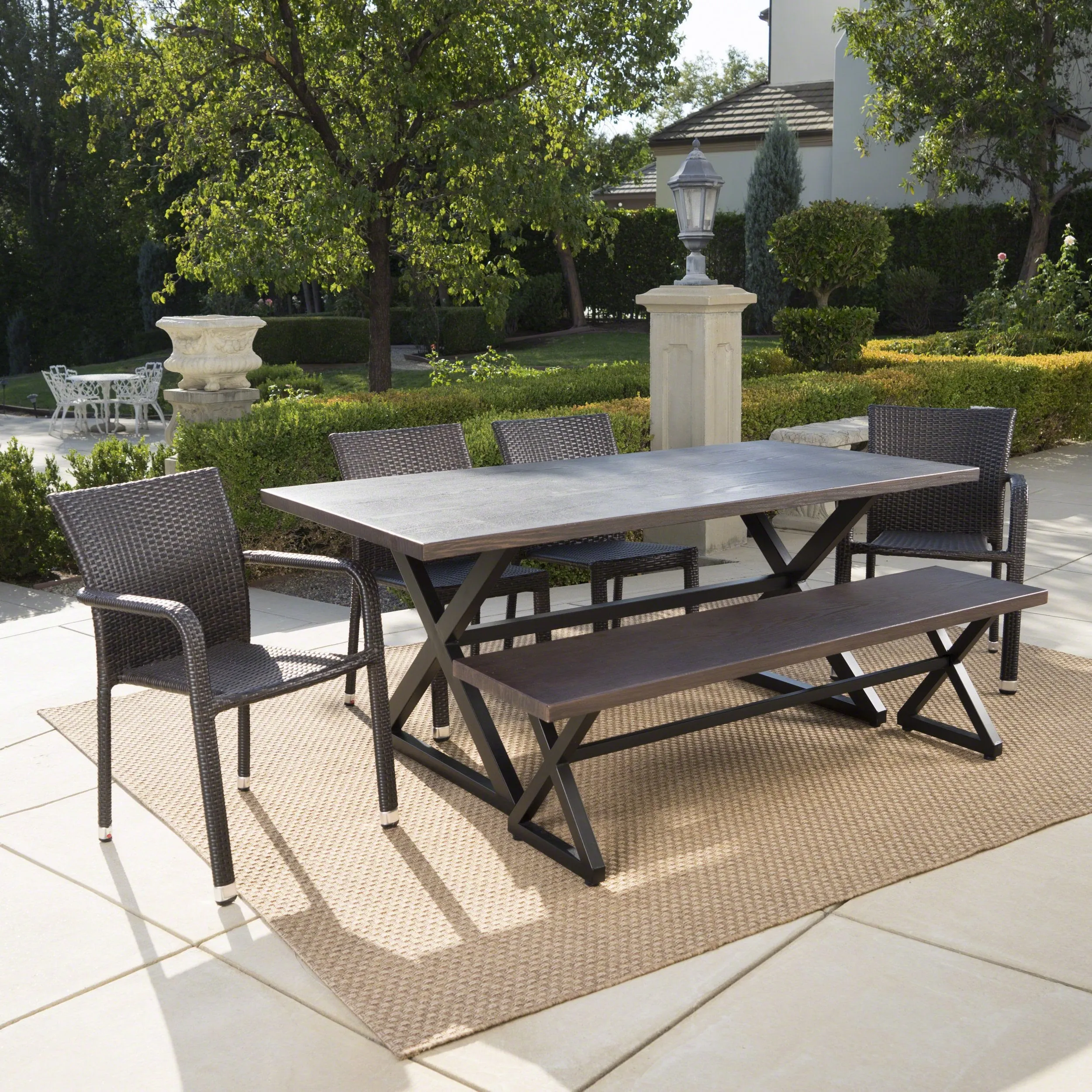 Outdoor 6 Piece Brown Aluminum Dining Set with Bench and Stacking Chairs - NH394203 patio chairs, outdoor seating
