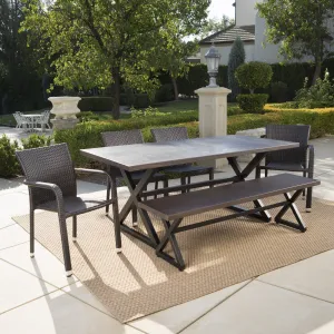 Outdoor 6 Piece Brown Aluminum Dining Set with Bench and Stacking Chairs - NH394203 patio chairs, outdoor seating