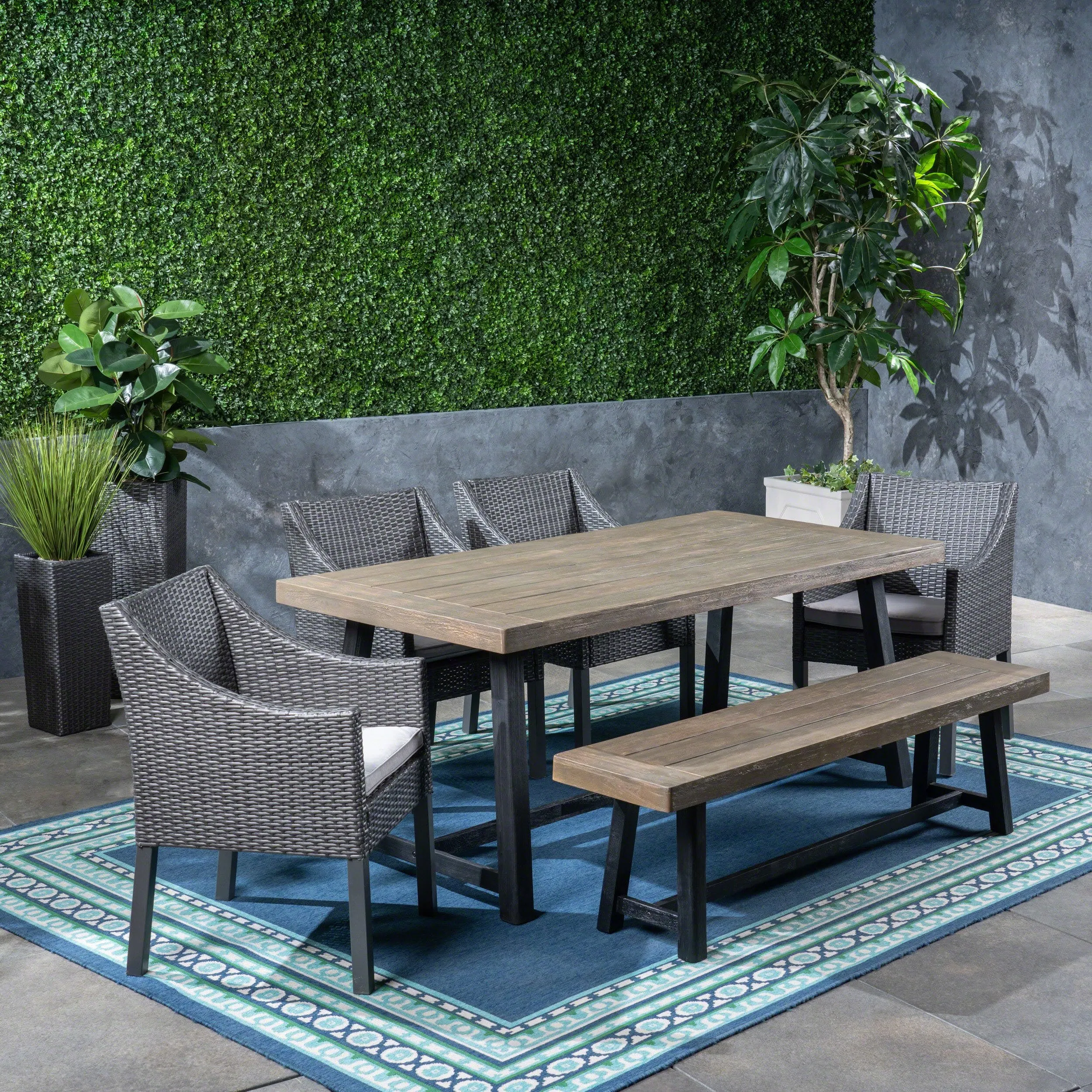 Outdoor 6 Piece Dining Set with Wicker Chairs and Bench - NH642603 patio chairs, outdoor seating