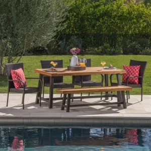 Outdoor 6 Piece Iron and Acacia Wood Dining Set with Wicker Stacking Chairs - NH735103 patio chairs, outdoor seating