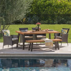 Outdoor 6 Piece Iron and Sandblast Finished Acacia Wood Dining Set - NH935103 patio chairs, outdoor seating