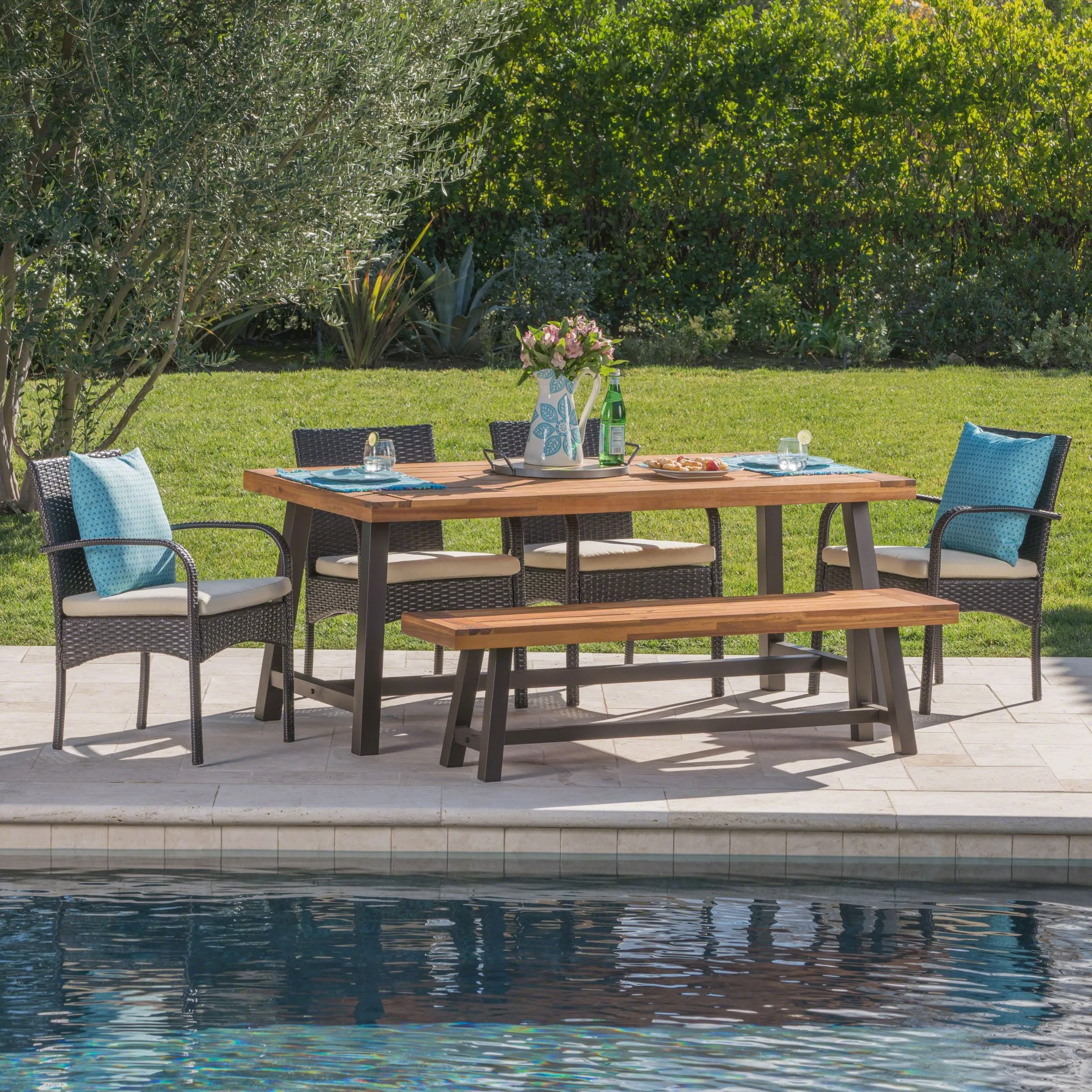 Outdoor 6 Piece Iron and Wood Dining Set with 4 Wicker Dining Chairs - NH045103 patio chairs, outdoor seating