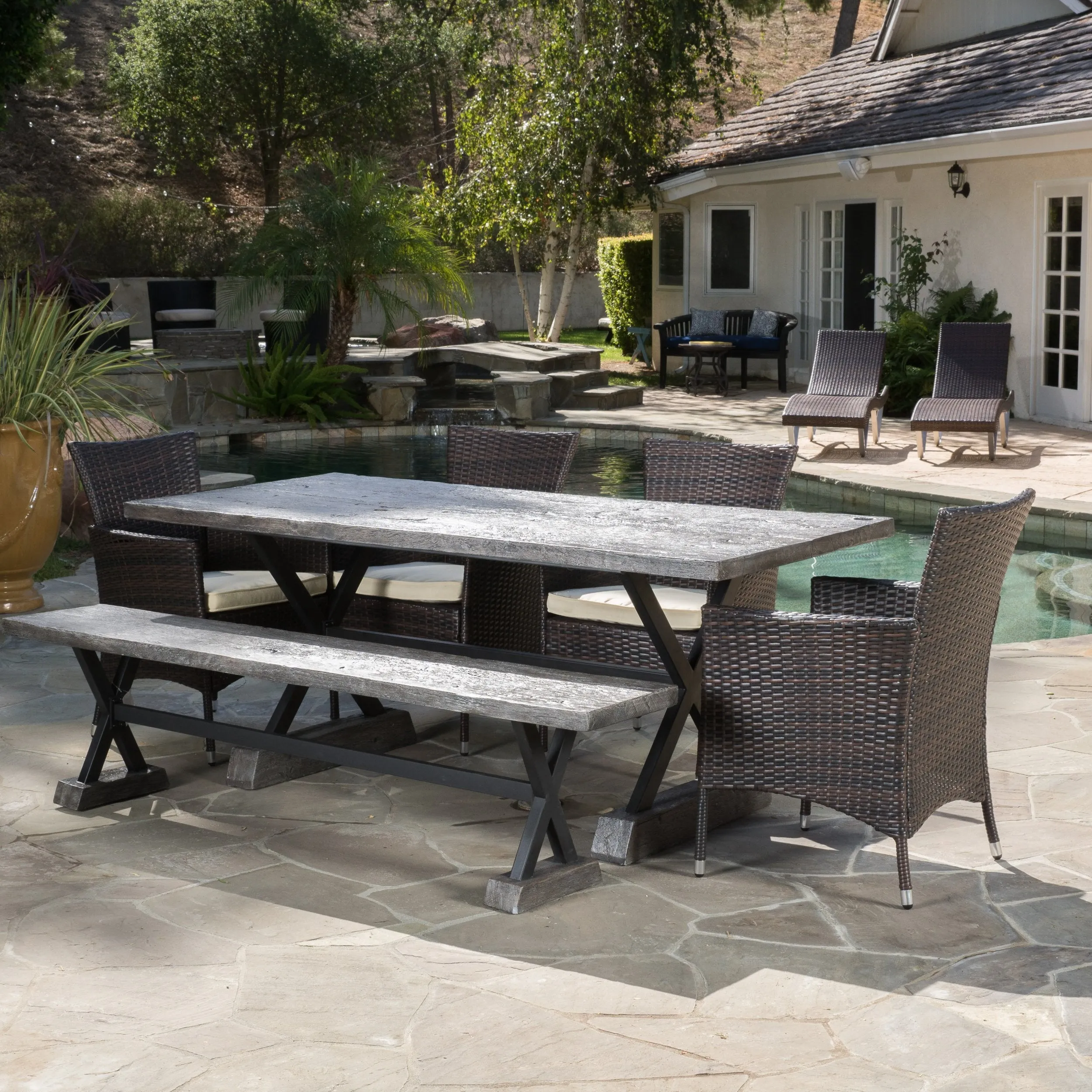 Outdoor 6 Piece Lightweight Concrete Dining Set with Bench - NH119592 patio chairs, outdoor seating