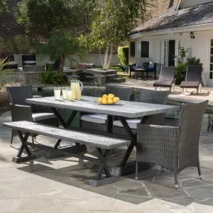 Outdoor 6 Piece Lightweight Concrete Dining Set with Bench - NH809592 patio chairs, outdoor seating