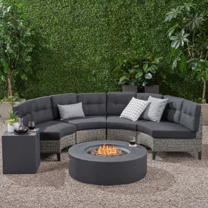 Outdoor 6 Piece Mixed Black Wicker Half Round Sofa Set with Dark Grey Fire Table - NH288992 serving bowl, serving dish