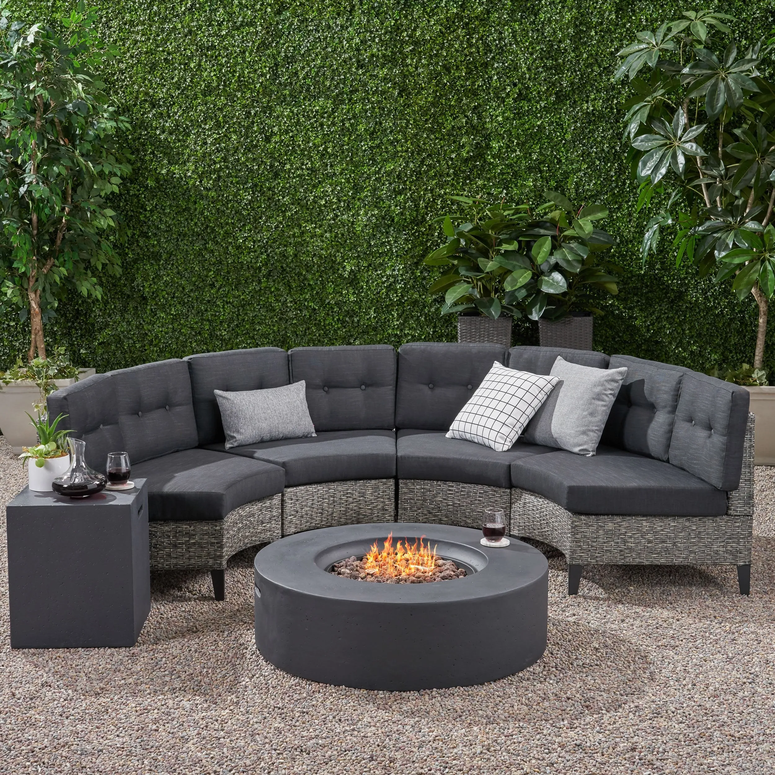 Outdoor 6 Piece Mixed Black Wicker Half Round Sofa Set with Dark Grey Fire Table - NH288992 serving bowl, serving dish