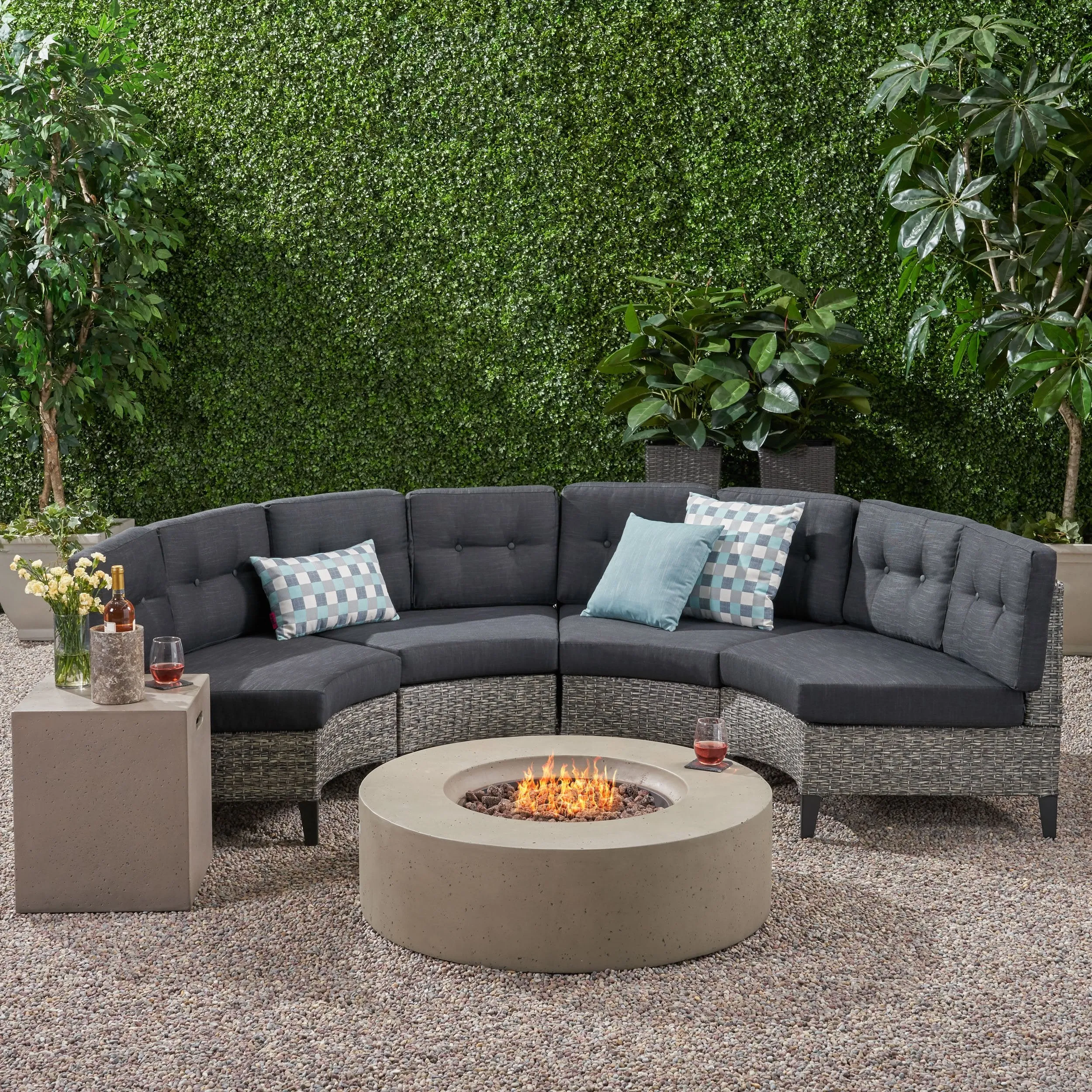 Outdoor 6 Piece Mixed Black Wicker Half Round Sofa Set with Light Grey Fire Table - NH388992 serving bowl, serving dish