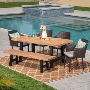 Outdoor 6 Piece Multibrown Wicker Dining Set with Natural Oak Finish Light Weight Concrete Table and Bench and Textured Beige Water Resistant Cushions - NH097303 patio chairs, outdoor seating