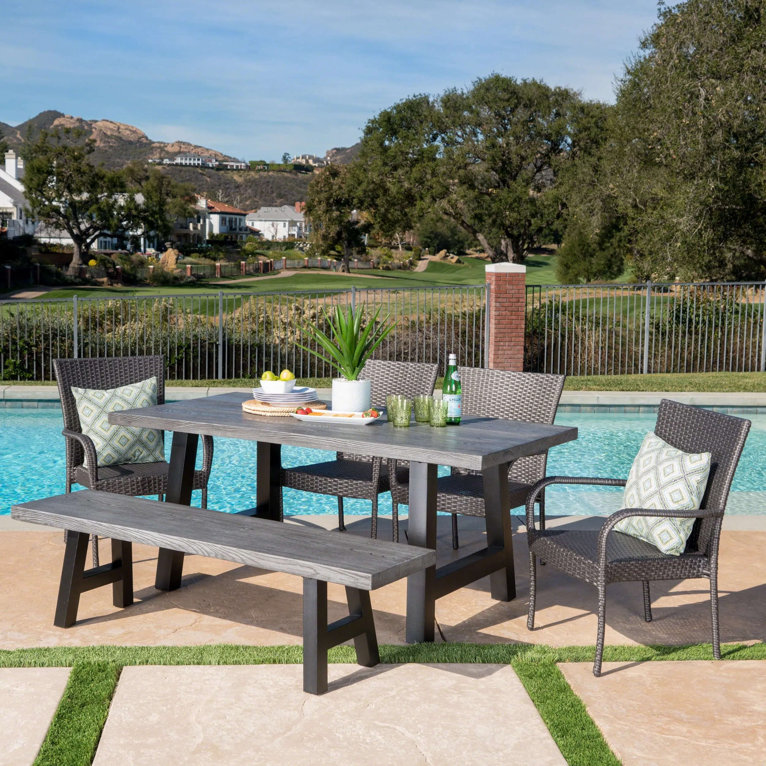 Outdoor 6 Piece Stacking Grey Wicker and Concrete Dining Set - NH008303 patio chairs, outdoor seating