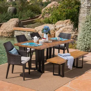 Outdoor 6 Piece Wicker Dining Set with Concrete Dining Table and Bench - NH901403 patio chairs, outdoor seating