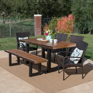 Outdoor 6 Piece Wicker Dining Set with Concrete Table and Bench - NH218303 patio chairs, outdoor seating