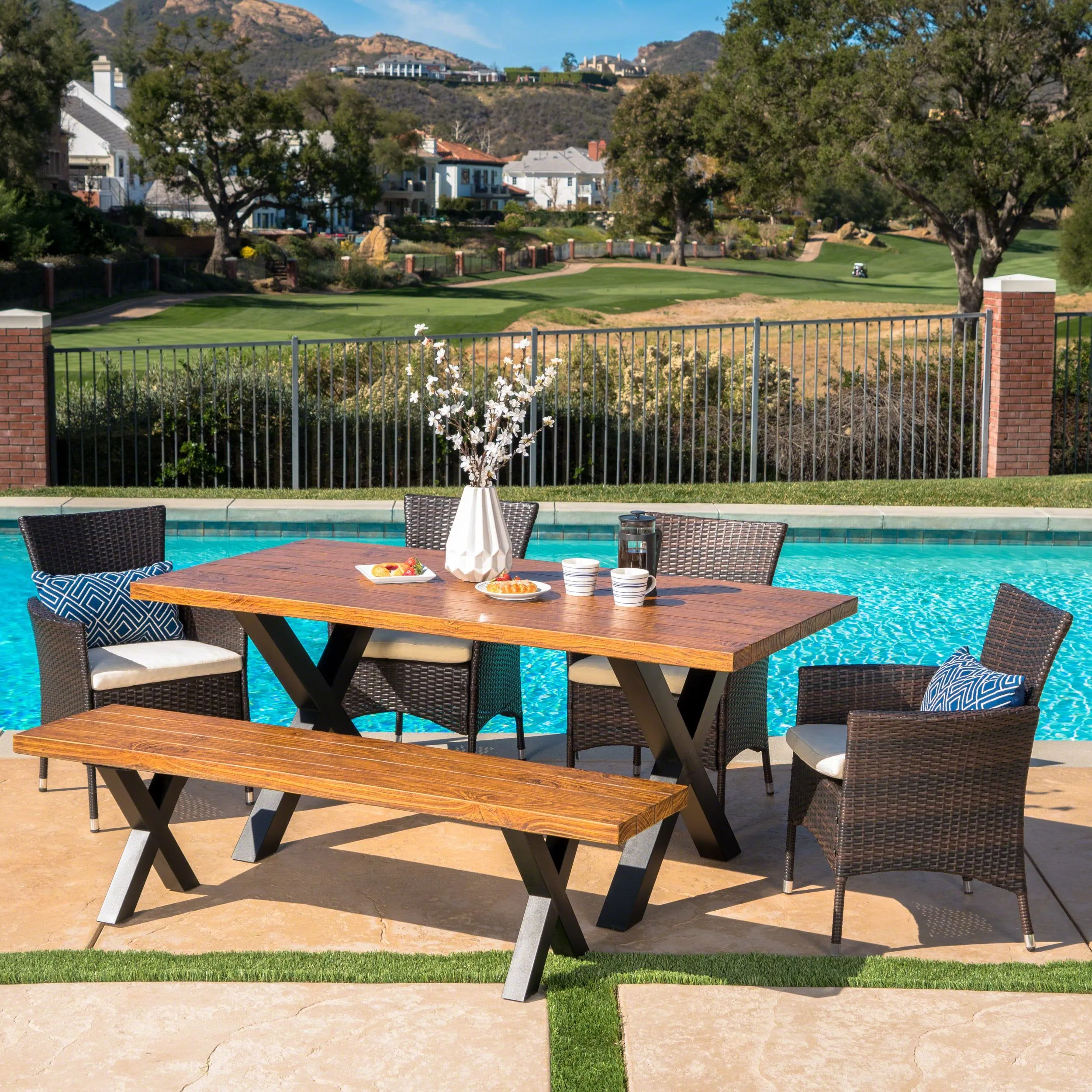 Outdoor 6 Piece Wicker Dining Set with Concrete Table and Bench - NH677303 patio chairs, outdoor seating