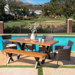 Outdoor 6 Piece Wicker Dining Set with Concrete Table and Bench - NH677303 patio chairs, outdoor seating