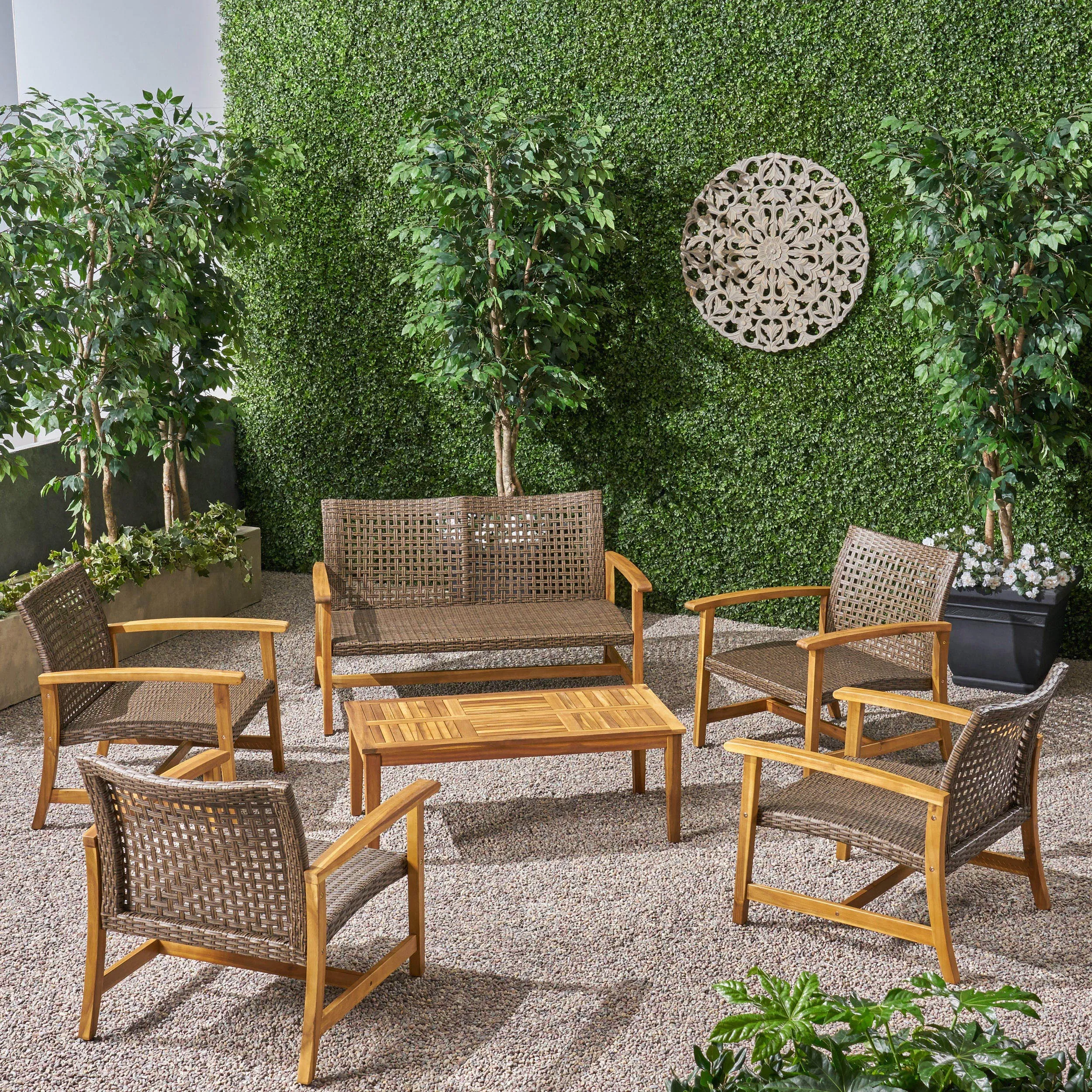 Outdoor 6 Piece Wood and Wicker Chat Set - NH371803 patio chairs, outdoor seating