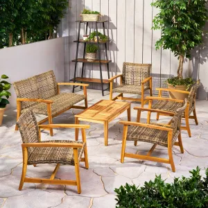 Outdoor 6 Piece Wood and Wicker Chat Set - NH571803 clothes rack, garment rack