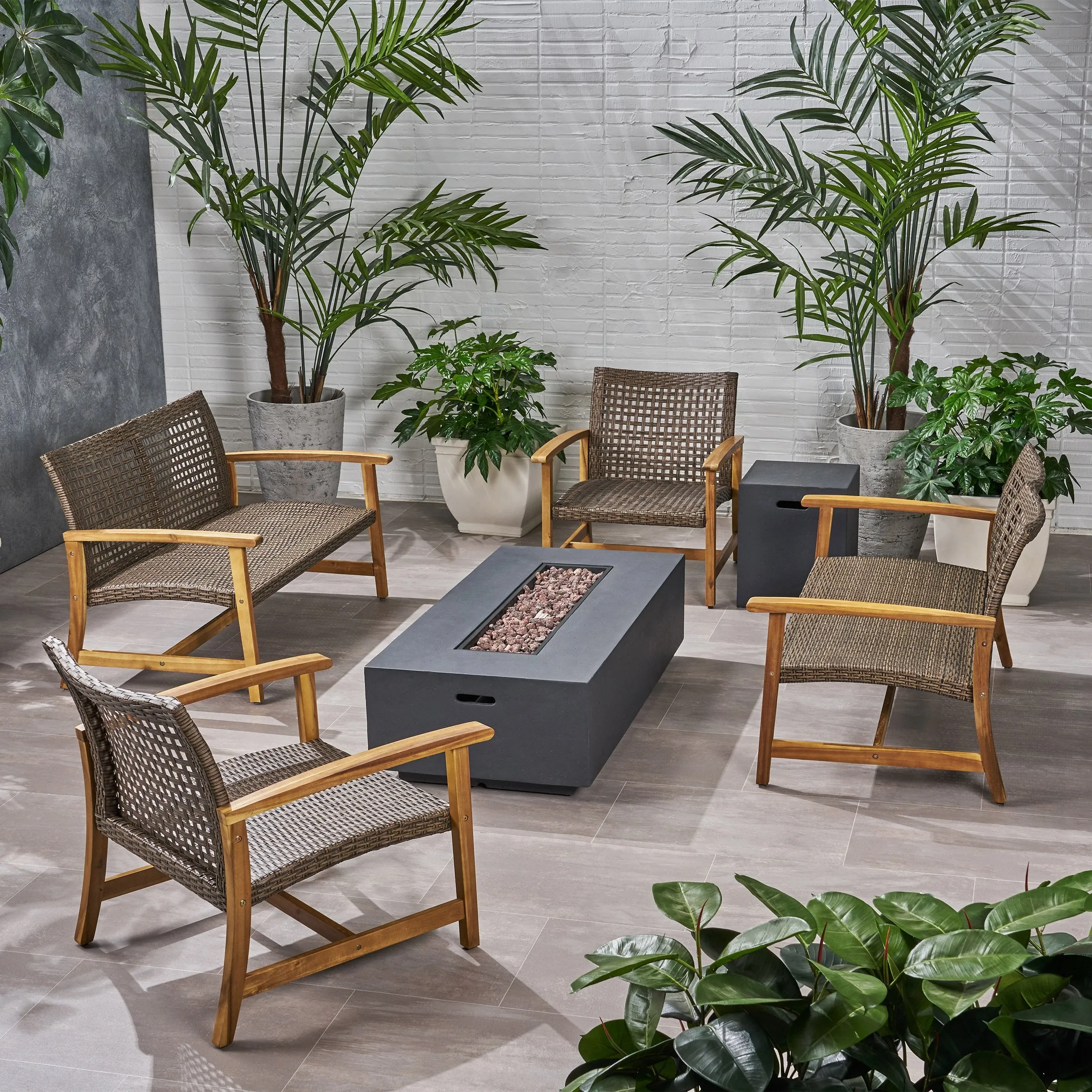 Outdoor 6 Piece Wood and Wicker Chat Set with Fire Pit - NH581803 patio chairs, outdoor seating
