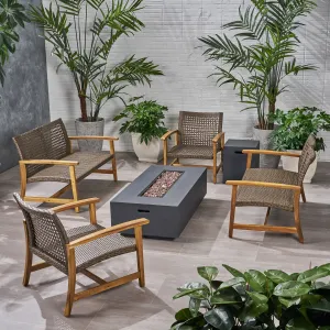 Outdoor 6 Piece Wood and Wicker Chat Set with Fire Pit - NH581803 patio chairs, outdoor seating