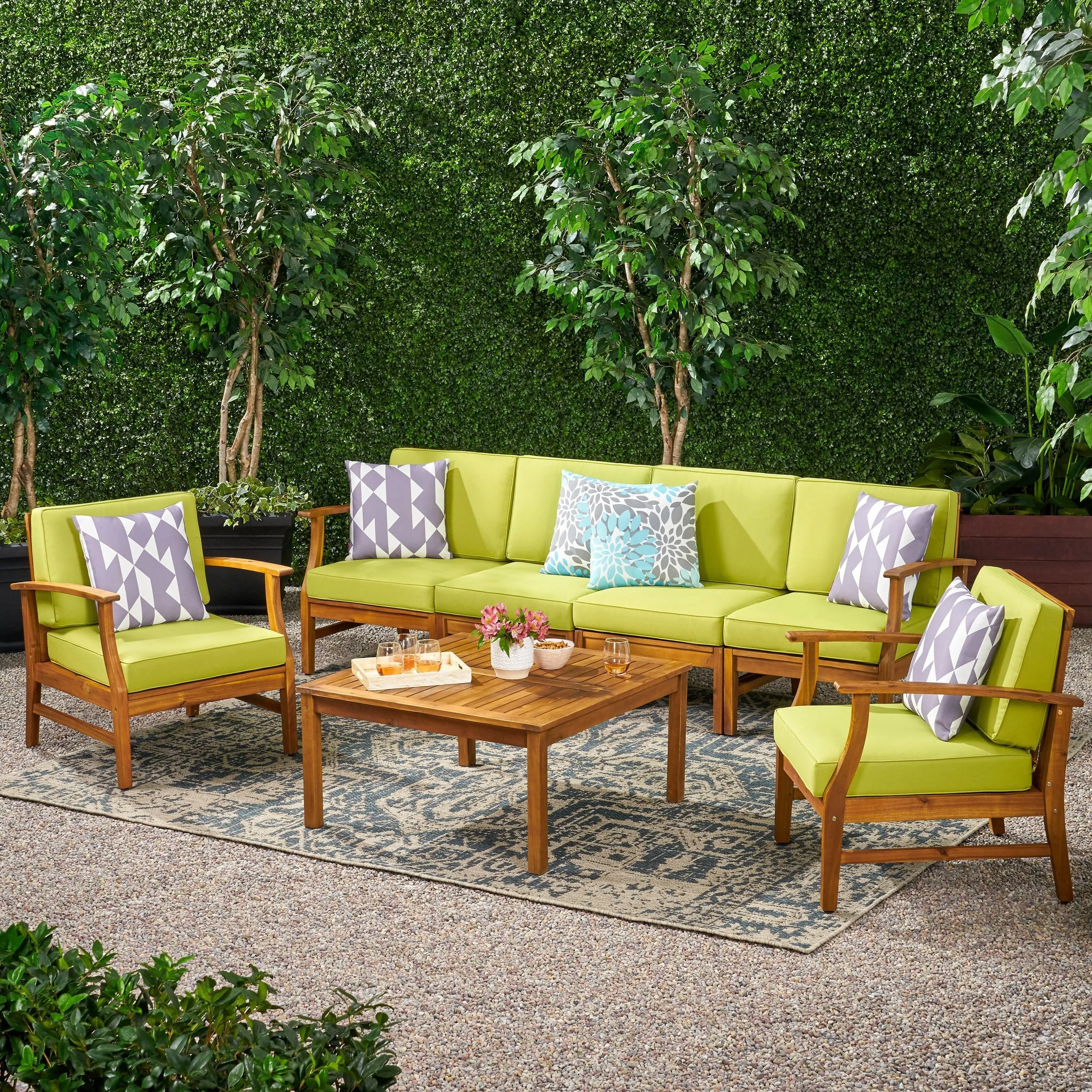 Outdoor 6 Seat Teak Finished Acacia Wood Sofa and Table Set - NH327303