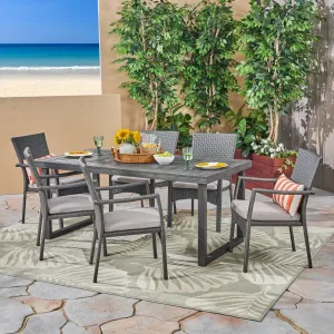 Outdoor 6-Seater Acacia Wood Dining Set with Wicker Chairs, Sandblast Dark Gray Finish and Gray - NH670603 patio chairs, outdoor seating