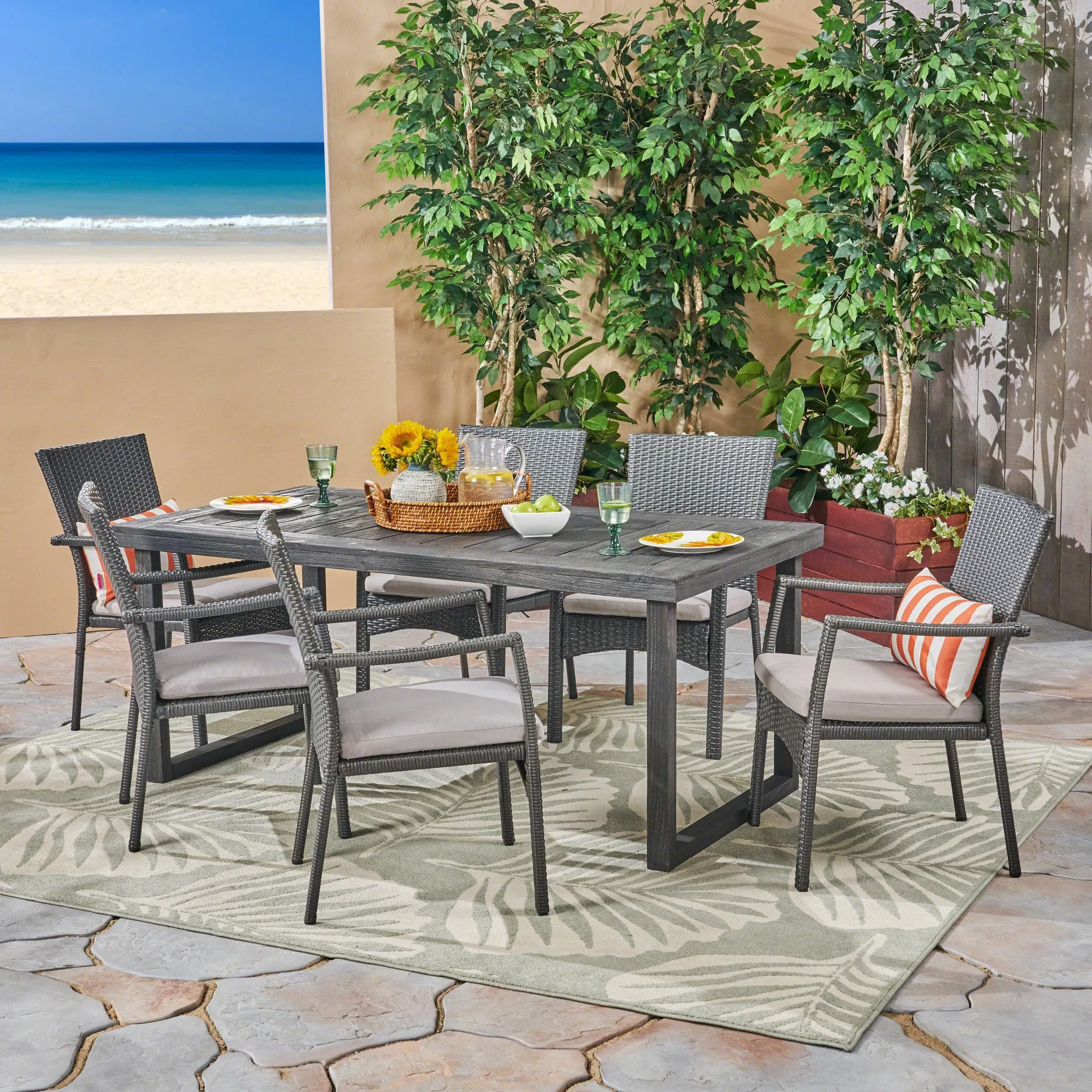 Outdoor 6-Seater Acacia Wood Dining Set with Wicker Chairs, Sandblast Dark Gray Finish and Gray - NH670603 patio chairs, outdoor seating