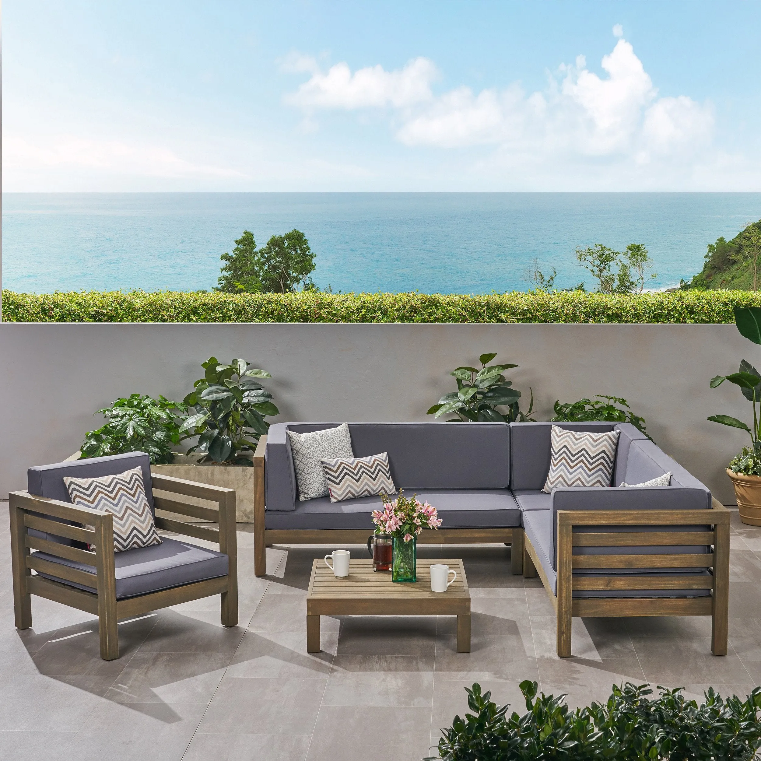 Outdoor 6 Seater Acacia Wood Sectional Sofa and Club Chair Set - NH474803