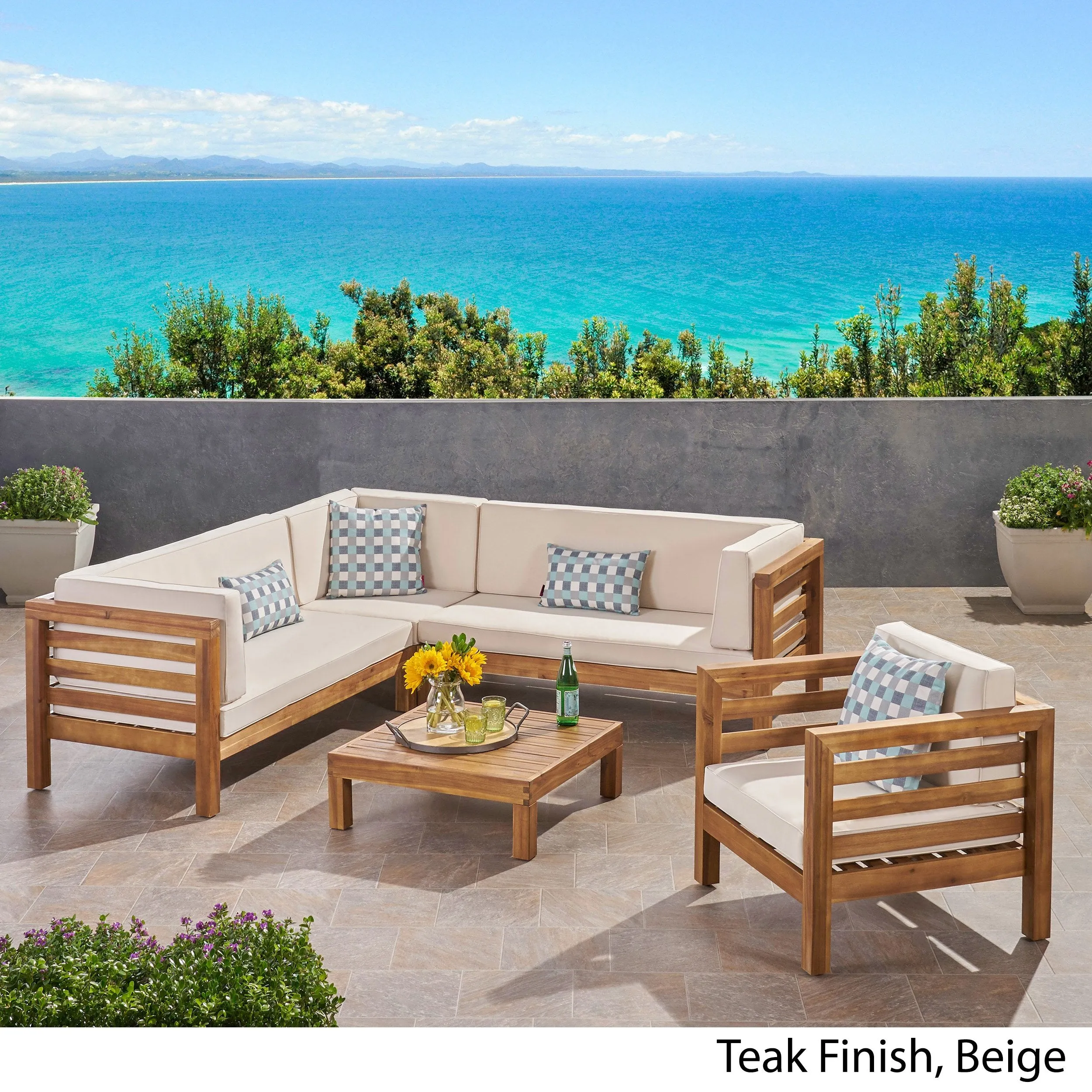 Outdoor 6 Seater Acacia Wood Sectional Sofa and Club Chair Set - NH474803