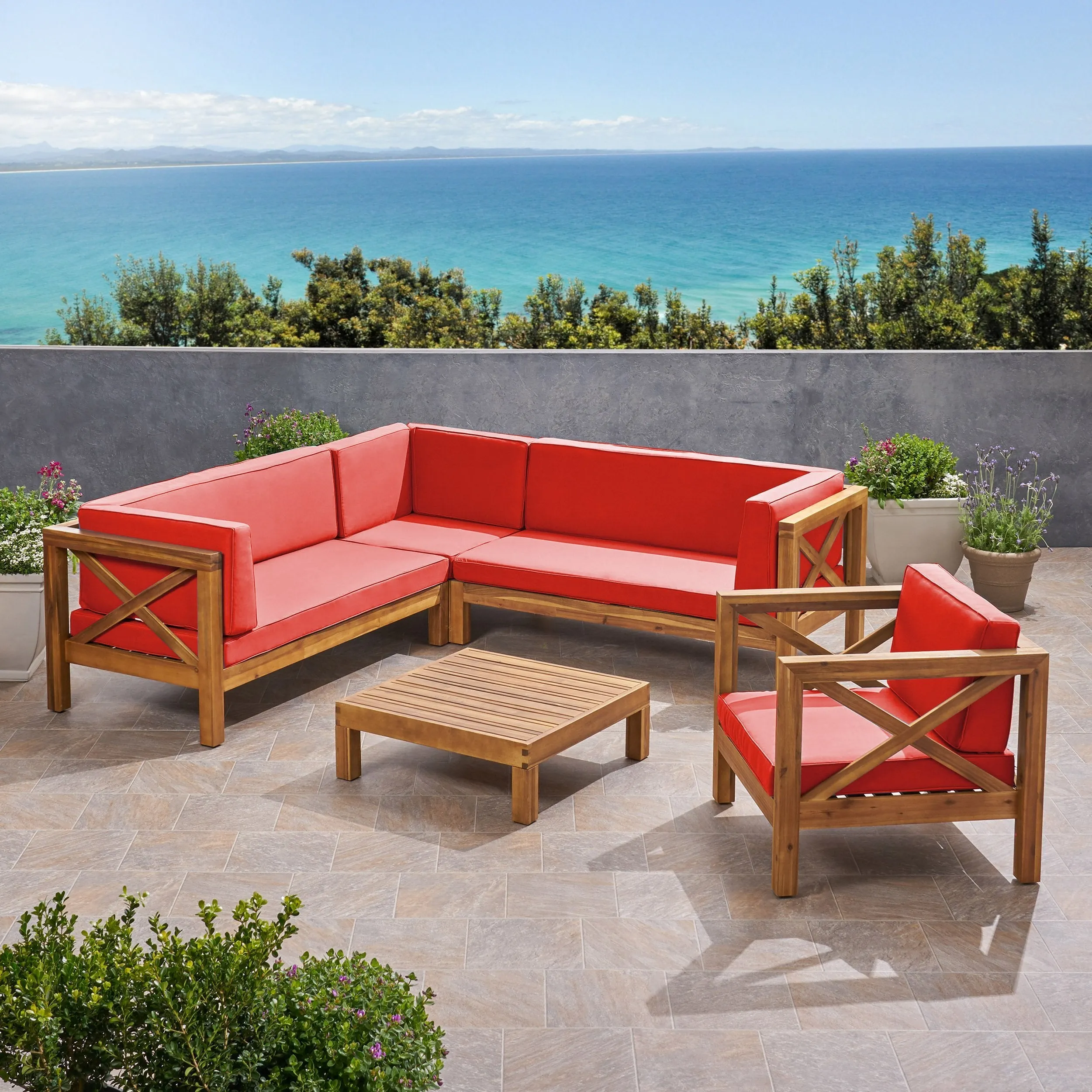 Outdoor 6 Seater Acacia Wood Sectional Sofa and Club Chair Set - NH524803